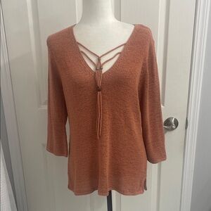 Jana V-Neck Sweater in Rust Orange 3/4 Sleeves V Neck With Beads Sz XL